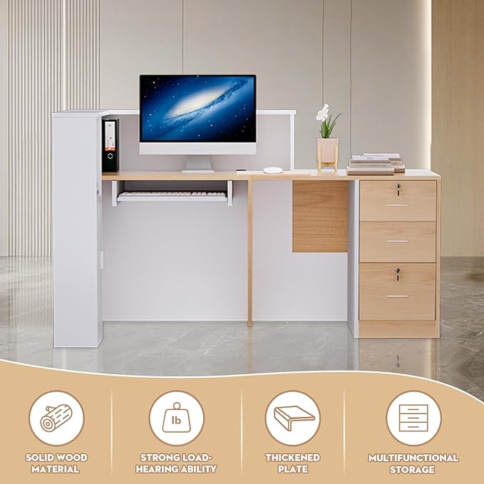 L-Shaped Modern Reception Desk with Counter & Storage - 71" Large Office Front Desk, Salon Checkout Counter with Lockable Cabinets, Shelves (Oak & White, Right - 71''L x 34''W x 41''H)