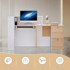 L-Shaped Modern Reception Desk with Counter & Storage - 71" Large Office Front Desk, Salon Checkout Counter with Lockable Cabinets, Shelves (Oak & White, Right - 71''L x 34''W x 41''H)