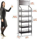 5 Tier Retail Display Rack, Metal Snack Rack with Wheels, 24inch Wide Chip Snack Display Stand with 15 Hooks for Kitchen Office Supermarket, Black