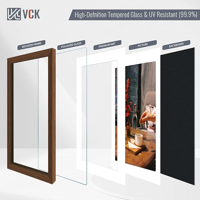 VCK 8x10 Picture Frame 5 Pack - Brown, High-End Wood Poster Frames with Tempered Glass, Display 5x7 Photo with Mat or 8x10 without Mat, Art Gallery-Quality, Wall Hanging/Tabletop, Brown