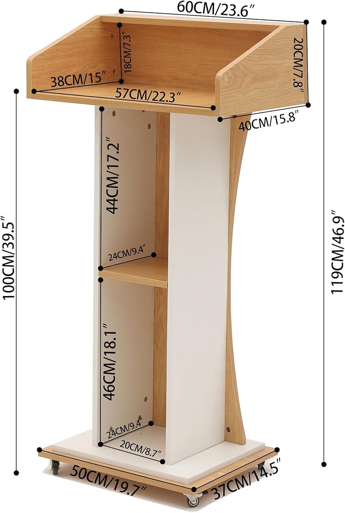 Mobile Wooden Podium Stand with Lockable Wheels Modern Presentation Blockboard Lectern Oak Color with Storage Shelves for Office, Church, Classroom, Conference Room