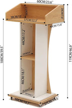 Mobile Wooden Podium Stand with Lockable Wheels Modern Presentation Blockboard Lectern Oak Color with Storage Shelves for Office, Church, Classroom, Conference Room