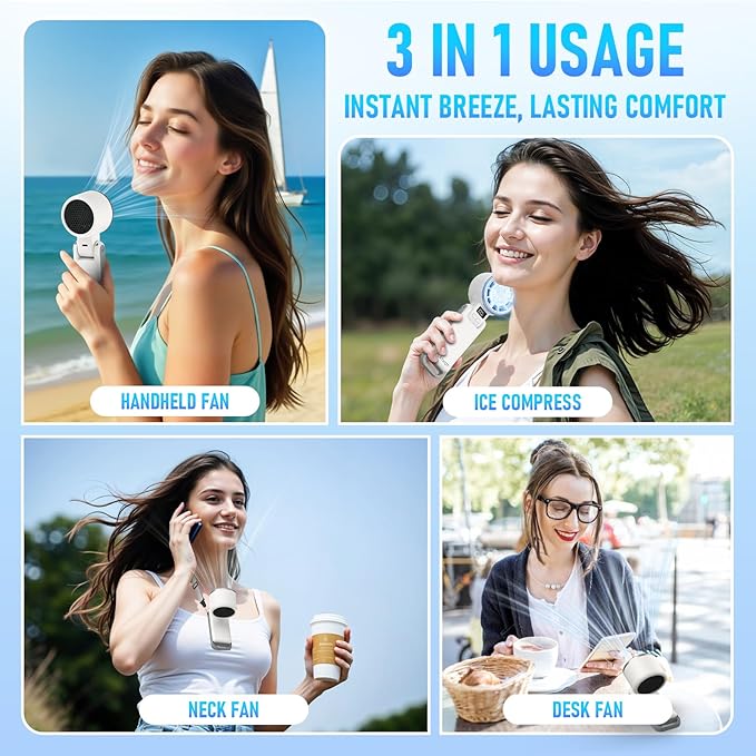 Upgraded Portable Handheld Fan with 60°F Ice Cooling, Up tp 12Hrs Personal Fans Portable Rechargeable, 5 Speed 25550RPM Powerful Portables Fan Handheld, Hand/Neck/Desk Fan 3 IN 1(White)