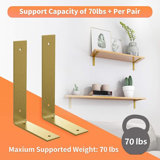 Gold Heavy Duty Shelf Brackets 6 Inch, Rustic Gold Iron L Shelf Bracket, Industrial Modern Metal Floating Shelf with Hardware for DIY Open Shelving, 4 Pack