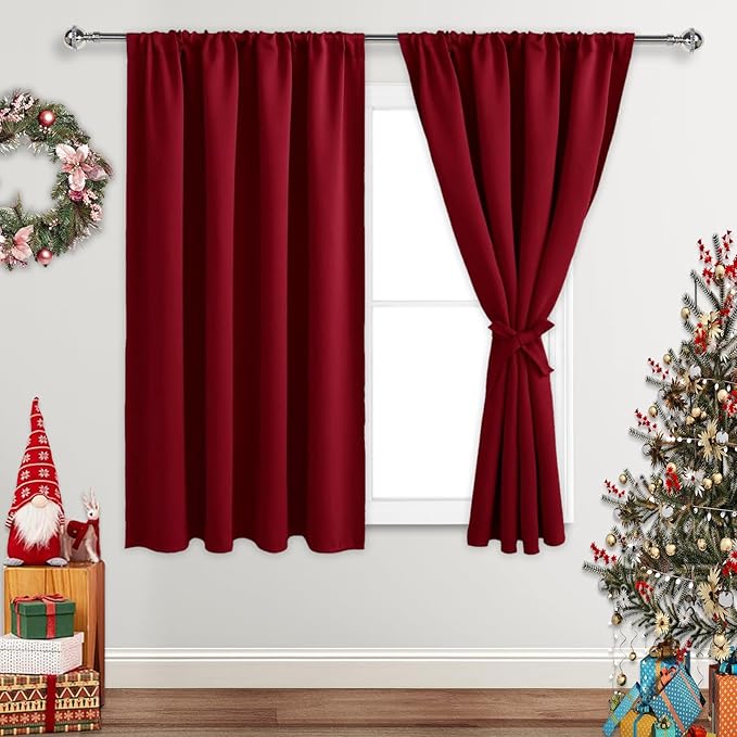 JIUZHEN Christmas Blackout Curtains for Bedroom - Thermal Insulated Room Darkening Noise Reducing, 52 x 54 Inch Length Curtains for Living Room, Set of 2 Panels with Tiebacks, Red