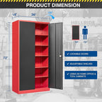 Metal Storage Cabinet-72” Tall Steel File Cabinets with Lockable Doors and Adjustable Shelves-Black&Red Steel Storage Cabinet for Kitchen, Office, Garage
