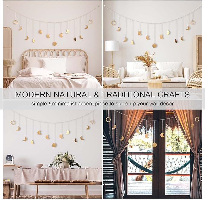 Moon Phase Wall Decor with LED String Light, 13 Gold Wood Boho Wall Hanging Decor Mood Garland 56'' - Celestial Phases Moon Decoration in Bohemian Style for Bedroom Living Room Thanksgiving Day Gifts