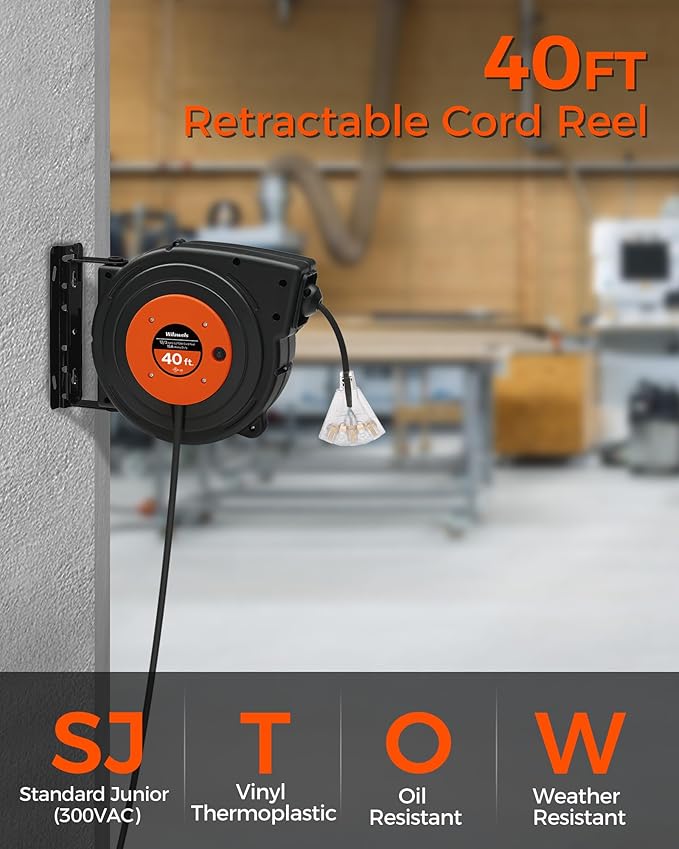 Retractable Extension Cord Reel, 40 FT Heavy Duty Power Cord, 12AWG/3C SJTOW, 3 Grounded Outlets Lighted Triple Tap, 15 Amp Circuit Breaker, UL Listed, Orange B40CR06