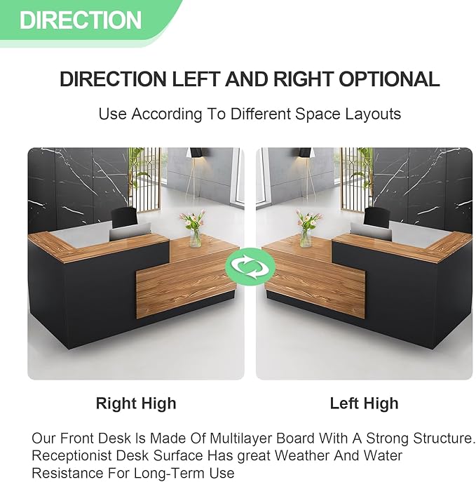 L Shaped Reception Desk with Lockable Drawer and Cable Grommets Front Desk Retail Checkout Counter Table for Salon Lobby Shop Office Reception Room Wood and Black Right 63inch/160cm