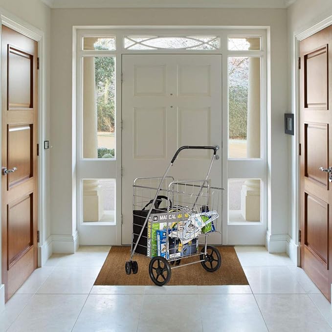 Goplus Jumbo Folding Shopping Cart with Rolling Swivel Wheels, Foldable Grocery Cart on Wheels with Double Basket, Heavy Duty Utility Cart, Shopping Carts for Groceries Laundry Book Luggage Travel