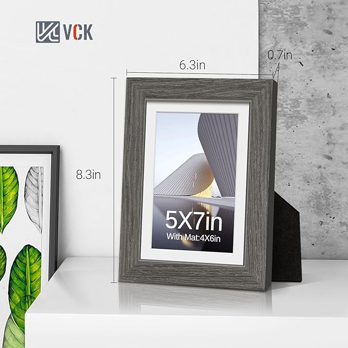 VCK 5x7 Picture Frame 2 Pack - Grey, High-End Wood Poster Frames with Tempered Glass, Display 4x6 Photo with Mat or 5x7 without Mat, Art Gallery-Quality, Wall Hanging/Tabletop, Grey