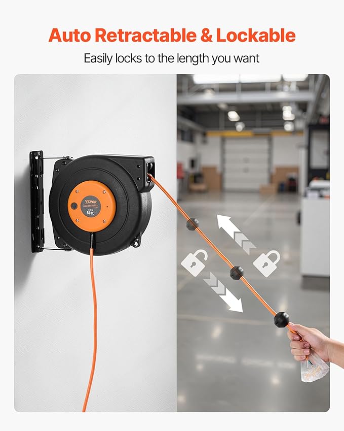 VEVOR Retractable Extension Cord Reel, 50 FT Heavy Duty 14AWG/3C SJTOW Power Cord with Lighted Triple Tap Outlet, 13 Amp Circuit Breaker, 180° Swivel Bracket for Ceiling or Wall Mount