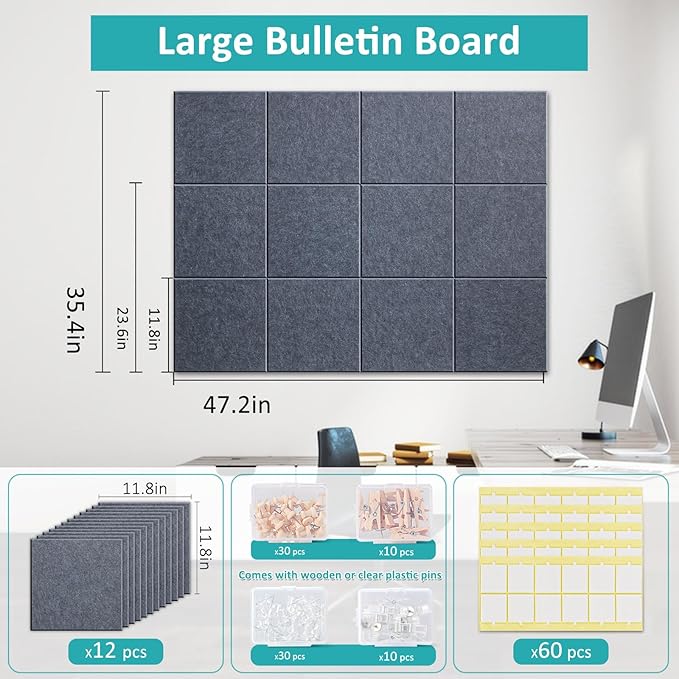 Large Cork Bulletin Board - 48" x 36" Cork Board for Walls - 12 Pack Felt Tiles, 60 Removable Safe Adhesive Tabs & 40 Pushpins - Dartboard Protector for Office, School, Home Decor - Dark Grey