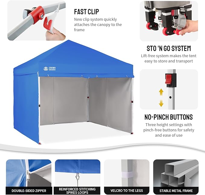 CROWN SHADES 10X10 Comercial Instant Canopy Pop Up Tent with Center Lock, 300D Fabric, 4 Sidewalls, Sto'N Go Bag, Blue