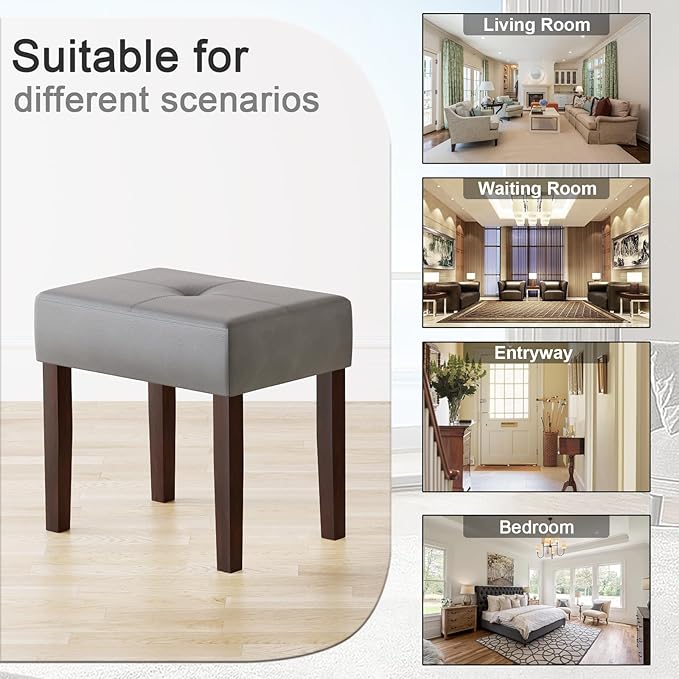 Leather Vanity Stool, 18.7 Inch Wide Rectangle Ottoman Bench for Makeup Room, Vanity Chair with Wood Legs for Piano Room, Bedroom,Living Room with Customizable (Gray)