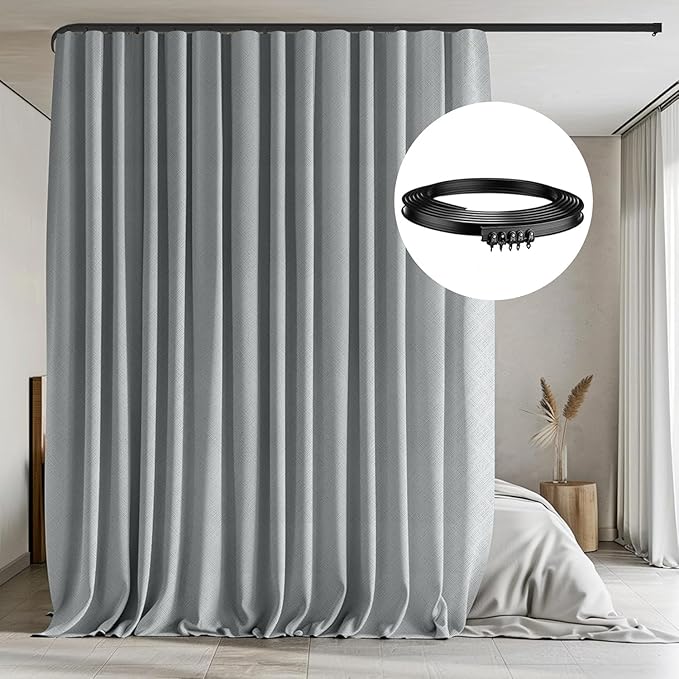Room Divider Curtains with Flexible Ceiling Tracks Set,Blackout Curtain Ceiling Mount Curtain Track Privacy Room Dividers Ceiling Track Curtain Rod(Grey Drape & Black Rail W 12.5 × H 8 FT)