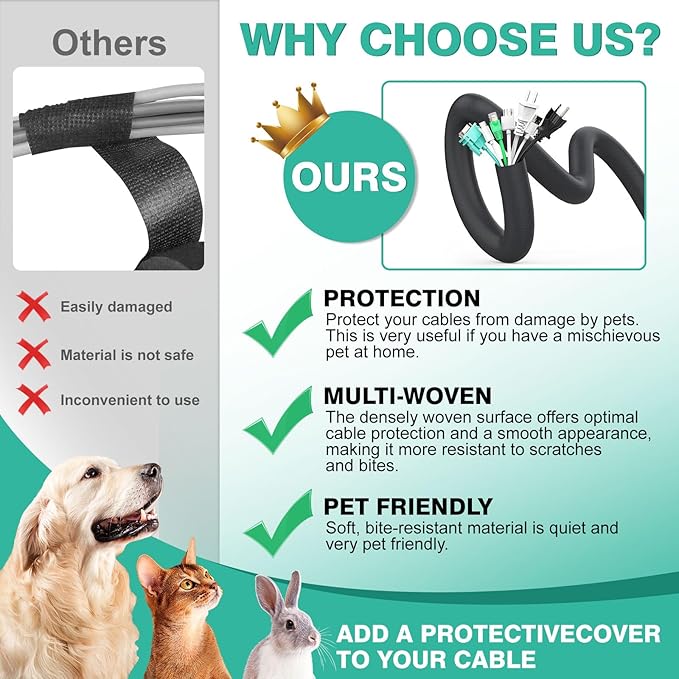 Dog and Cat Cord Protector 10ft - 1inch, Flexible Cable Sleeve for Easy Cord Management, Protects Cables from Pets Chewing, Ideal for USB, Power, Audio and Video Cords - Black