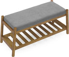 Upholstered Entryway Bench, Bedroom Bench for End of Bed, Dining Bench with Padded Seat for Kitchen, Living Room, Fabric Rubber Wood Indoor Bench (Grey)