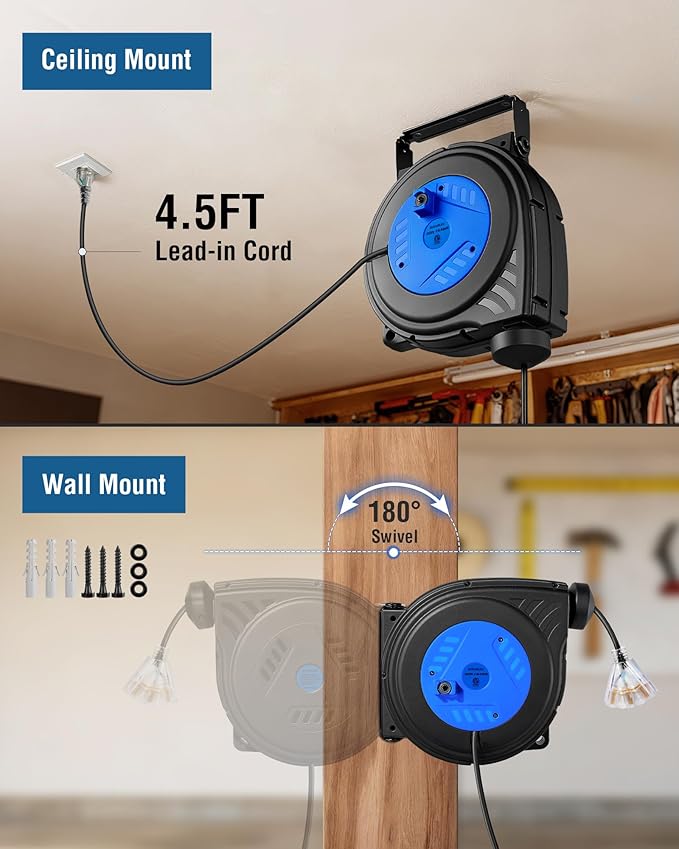 SURAIELEC 30 FT Retractable Extension Cord Reel, 16 Gauge Power Cord with 3 Lighted Outlets, 10A Circuit Breaker, Wall/Ceiling Mount for Garage, Workshop, ETL Listed, Blue