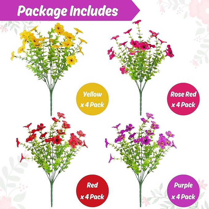 Artificial Flowers for Outdoor, 16 Bundles UV Resistant No Fade Greenery Plants Faux Plastic Flowers for Indoor Outdoor Room Wall Wedding Patio Porch Decor