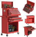 8-Drawers Large Tool Chest, 2-in-1 Detachable Garage Rolling Tool Box Metal Tool Storage Cabinet Removable Lockable Tool Cart with Wheels and Drawers