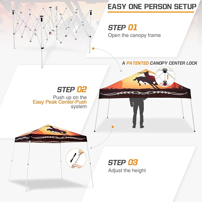 EAGLE PEAK 10x10 Slant Leg Pop-up Canopy Tent Easy One Person Setup Instant Outdoor Beach Canopy Folding Portable Sports Shelter 10x10 Base 8x8 Top (Cowboy)