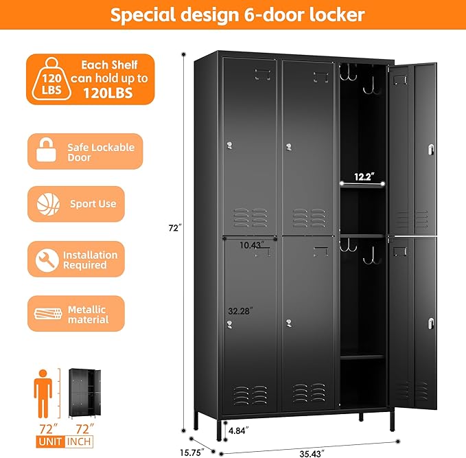 Aobabo Upgraded Metal Storage Locker for Employees, 6 Doors Metal Lockers Cabinet with Lock and Name Card Slot, Industrial Storage with 18 Hooks, for Office Gym, Assembly Required, Black