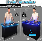 PartyLife Custom Premium Portable Bar Table w/LED Lights, Wireless Remote, Folding Legs, Black Fabric Bar Skirt, 2 Storage Shelves & 2 Carrying Bags | Commercial Grade | Strong & Sturdy