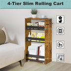 MARTY Rolling Storage Cart 7.9" W, 4-Tier Narrow Kitchen Cart with Wheels Handle, Slim Storage Mobile Shelving Utility Carts for Bathroom Laundry Room Organization Small Spaces(Rustic Brown)