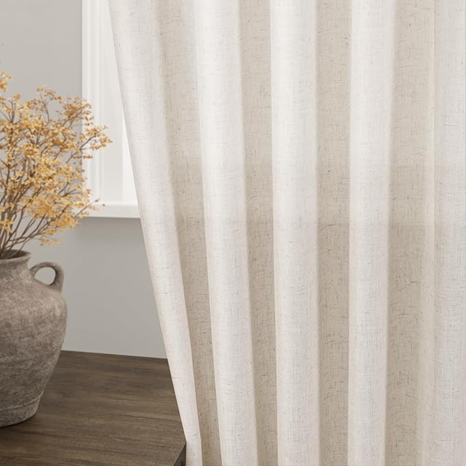 Beige Linen Semi Sheer Curtains 84 Inch Length 2 Panels Set Back Tab Rod Pocket Flax Linen Cotton Textured Curtains for Living Room Dining Room Natural Light Filtering Window Curtain Drapes 60x84