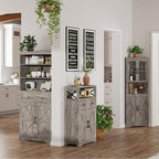 Small Farmhouse Storage Cabinet with Barn Doors, Farmhouse Kitchen Pantry Cabinet, Tall Coffee Bar with Storage, Hutch Cupboard for Kitchen, Laundry, Living Room, Washed Grey