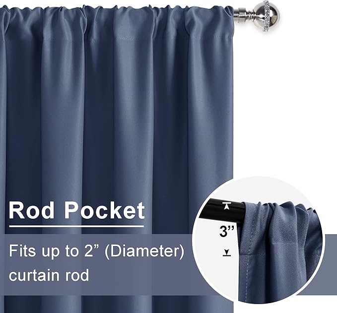 JIUZHEN Blackout Curtains for Bedroom - Thermal Insulated Room Darkening Rod Pocket Curtains for Living Room, Set of 2 Panels with Tiebacks, 52 x 90 Inch Length, Dusty Blue