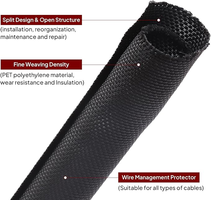 Black Braided Cable Management Sleeves Wire Loom Tubing Cord Protector Self-Wrapping (1/2"-20Feet)