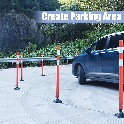 BESEA 8PCS 36" Traffic Delineator Posts with Detachable Base & High-Visibility Reflective Collars,Orange Flexible Safety Cones for Driveway, Parking Lot, Roadway, and Work Zone