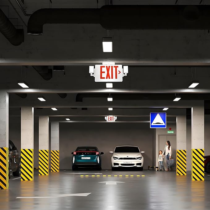 Gruenlich LED Combo Exit Sign, Emergency Light with 2 Adjustable Heads and Double Face, Back Up Batteries- US Standard Red Letter EXIT, UL 924 Qualified, 120-277 Voltage, 1-Pack