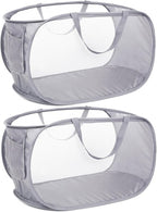 Durable Collapsible Laundry Baskets, Mesh Pop Up Laundry Hamper with Side Pocket, Foldable Clothes Hamper with Reinforced Carry Handles for Laundry, Bathroom, Kids Room, Dorm or Travel 2 Pack Grey
