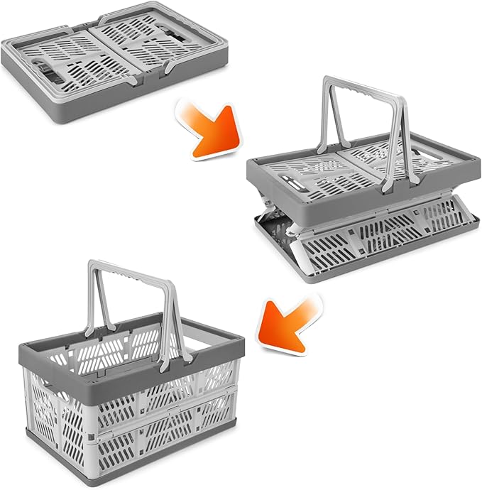 Domiella 2-Pack Foldable Storage Baskets, Collapsible PP Crates with Handles - 20L Capacity, Strong and Portable for Home Organization, Picnic and Shopping, Grey + Blue
