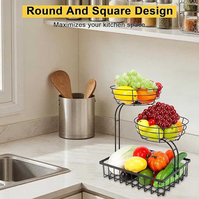 3 Tier Countertop Fruit Vegetable Basket Bowl Storage, Solid Metal Kitchen Counter Organizer for Storing Fruits, Veggies, Bread, Snacks (Black)