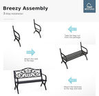 MFSTUDIO 50 Inches Outdoor Garden Bench, Cast Iron Metal Frame Patio Park Bench with Floral Pattern Backrest, Arch Legs for Porch Lawn Garden Yard(Black)