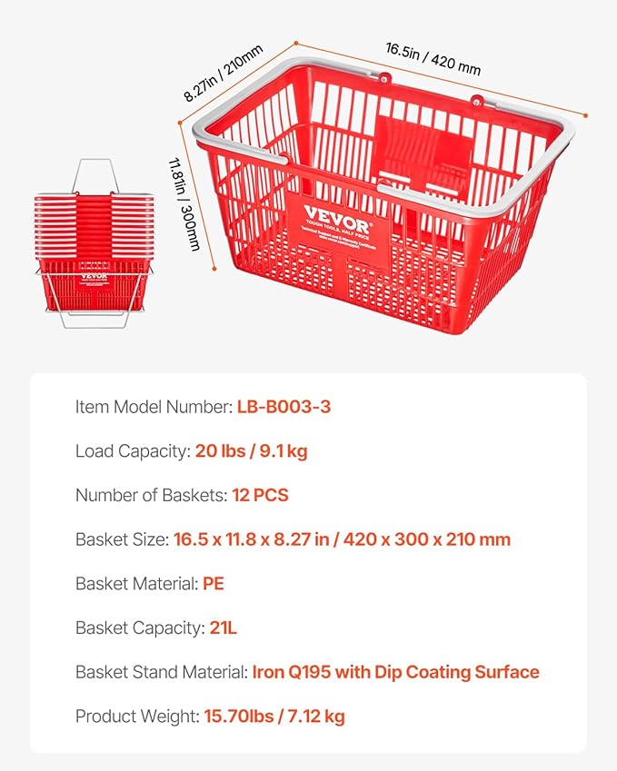 VEVOR 12 PCS Red Plastic Grocery Basket, 16.5 x 11.8 x 8.27 inch Rectangular, 21L Capacity, Modern Style, No Lid, PE Material, Ideal for Supermarket, Shopping Center, Convenience Store