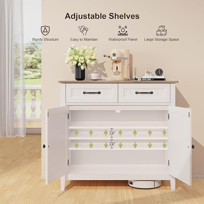 Gizoon Kitchen Sideboard Buffet Cabinet, 32'' H Large Kitchen Storage Island and Adjustable Shelf, Modern Coffee Bar Console Cabinet for Dining Room, Bathroom, Entryway, Grey
