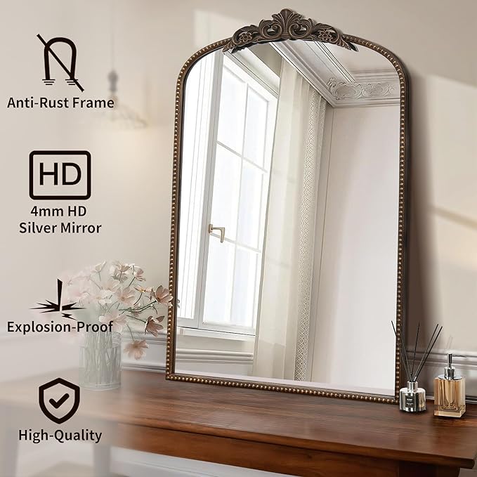 Micasso Traditional Ornate Bronze Mirror: 36" x 24" French Baroque Antique Mirror - Decorative Vintage Arched Mirrors for Wall/Bathroom/Entryway/Hallway - Home Decor for Living Room