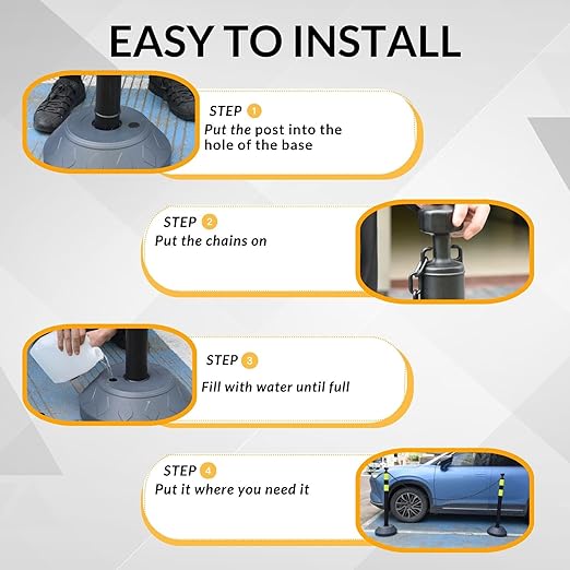6 Pack 40 Inch Traffic Delineator Posts with Fillable Base and 6.6FT Plastic Chain, Safety Delineator Post Cones with 2 Green Reflective Stripes for Construction Work (Black)