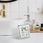KADAMS Bathroom Clock 9.5" Kitchen Wall Clock with Large LCD Screen – Shower Clock with Suction Cup,Temperature, Humidity, Calendar – Water-Resistant, 4 Mounting Options, Silver