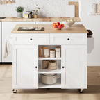 Kitchen Island on Wheels, Rolling Kitchen Island with Drop Leaf and 2 Drawers, Mobile Kitchen Cart Table Storage Cabinet with Tower Rack and Spice Rack for Dining Room, Kitchen, White