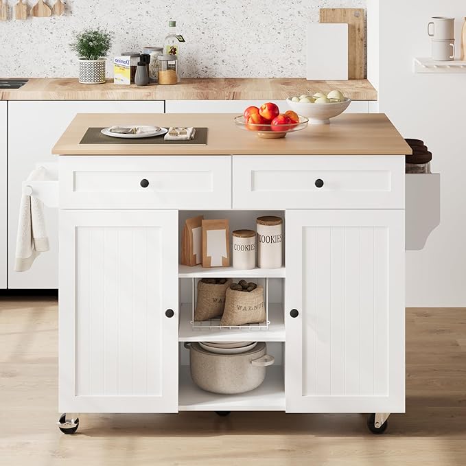 Kitchen Island on Wheels, Rolling Kitchen Island with Drop Leaf and 2 Drawers, Mobile Kitchen Cart Table Storage Cabinet with Tower Rack and Spice Rack for Dining Room, Kitchen, White