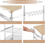 3 Tier Rolling Kitchen Cart with Wood Tabletop, Kitchen Island Carts with Wheels & Slider Shelf, Microwave Cart on Wheels, Coffee Cart with Hooks, 35.4" L*18.1" W*31.9" H，Wood+Chrome