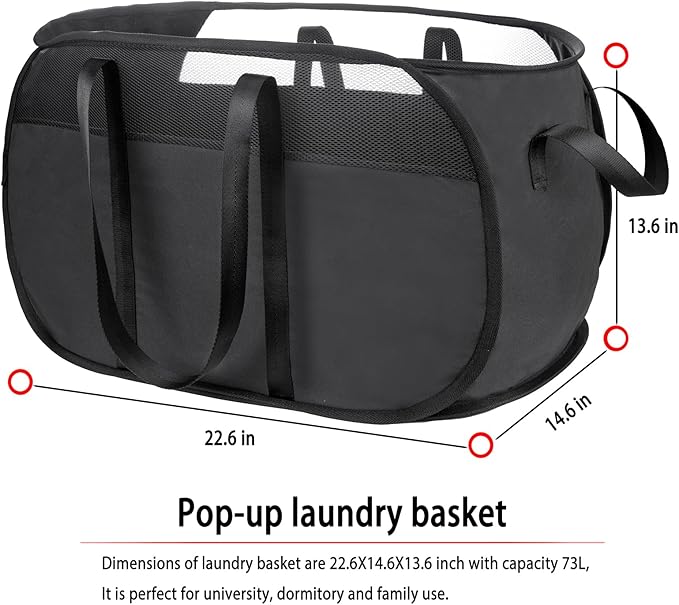 Pop-Up Laundry Basket，collapsible Mesh Laundry Hamper– With Extended Shoulder Straps, Sturdy Handles, and Premium Cationic Fabric (black)…