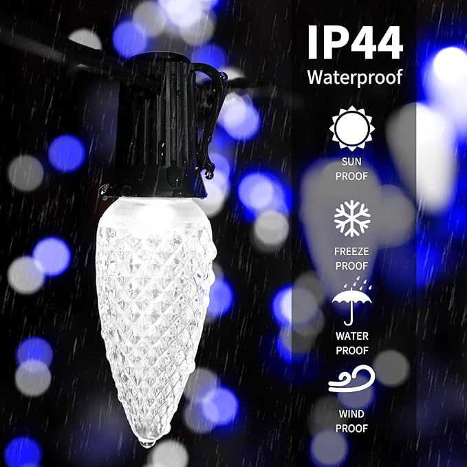 Brightown C9 Christmas String Lights, Blue and Pure White Commercia Outdoor Christmas Lights with 100 Strawberry C9 LED Bulbs, Waterproof Extendable UL Certified for Party Holiday Indoor Xmas Decor