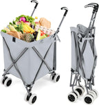 Goplus Folding Shopping Cart with Wheels, Grocery Cart with Removable Oxford Cloth Liner, Lightweight Utility Cart for Groceries Laundry, Gray